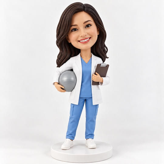 Female physiotherapist bobblehead in a white coat and blue scrubs holding a silver therapy ball and clipboard on a plain white base.