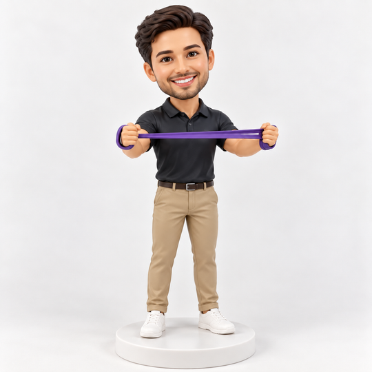 Male physiotherapist bobblehead in a dark polo and beige trousers demonstrating a purple resistance band on a plain white base.