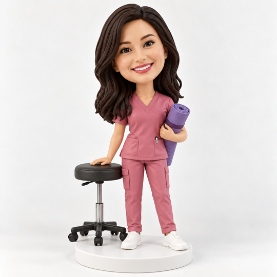 Female physiotherapist bobblehead in pink scrubs holding a rolled purple exercise mat beside a clinic stool, with a plain white base.