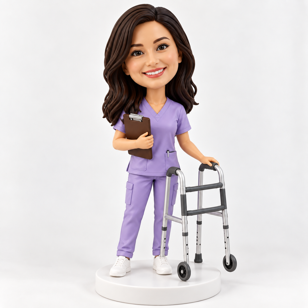 Female physiotherapist bobblehead in lavender scrubs holding a clipboard beside a miniature walking frame, on a plain white base.
