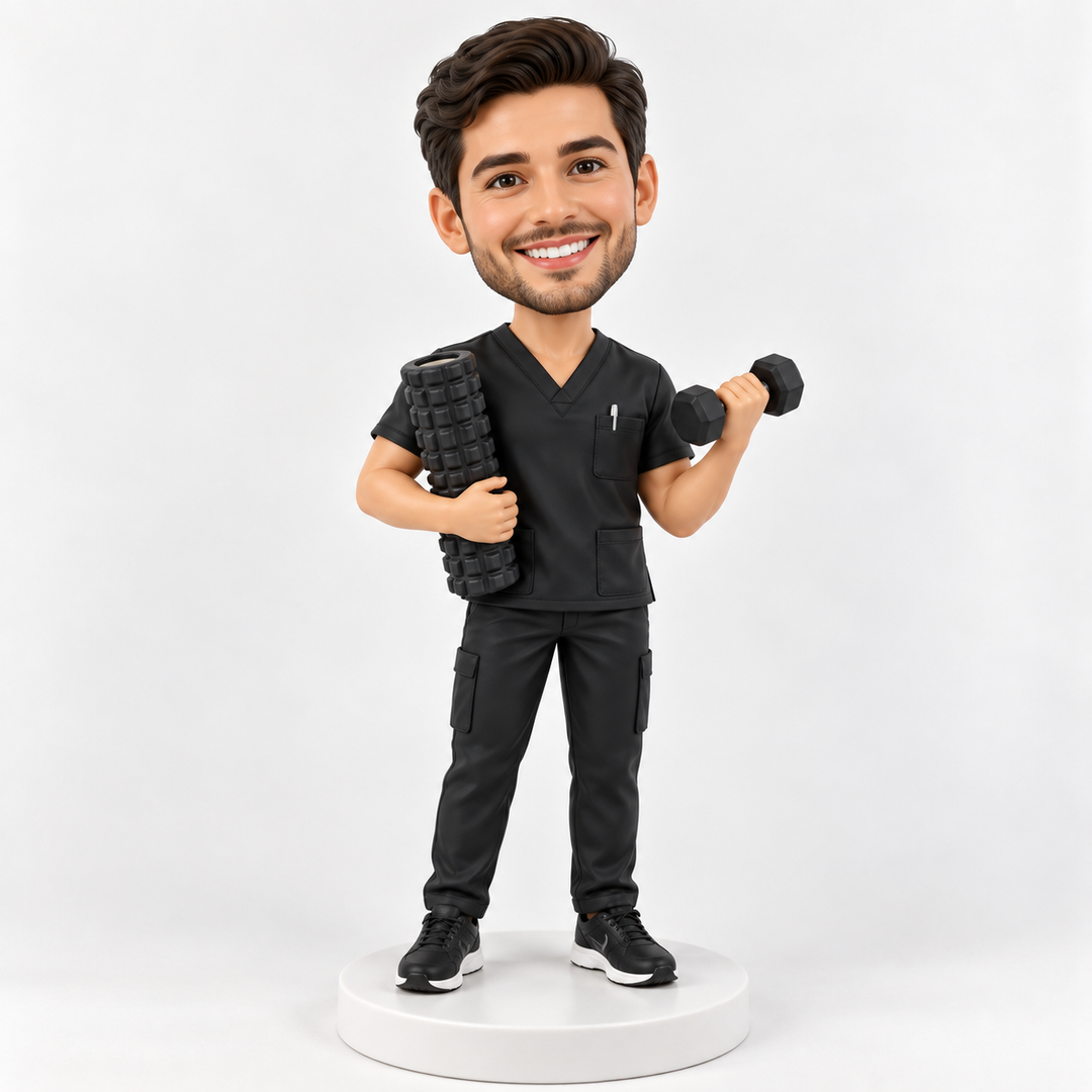 Sports physiotherapist bobblehead in black scrubs holding a miniature foam roller and dumbbell on a plain white base.