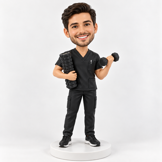 Sports physiotherapist bobblehead in black scrubs holding a miniature foam roller and dumbbell on a plain white base.
