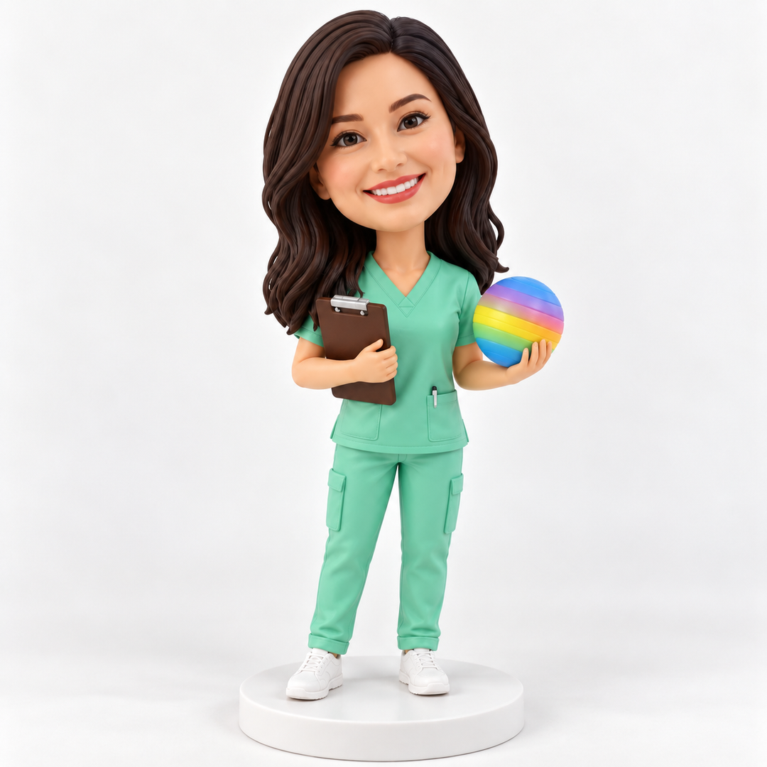 Physiotherapist bobblehead in mint scrubs holding a colourful therapy ball and clipboard on a plain white base.