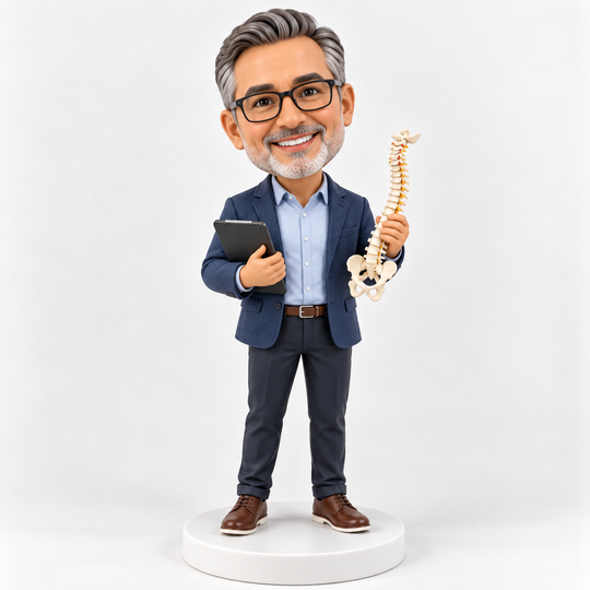 Senior physiotherapist bobblehead with glasses and a navy blazer holding a tablet and miniature spine model on a plain white base.