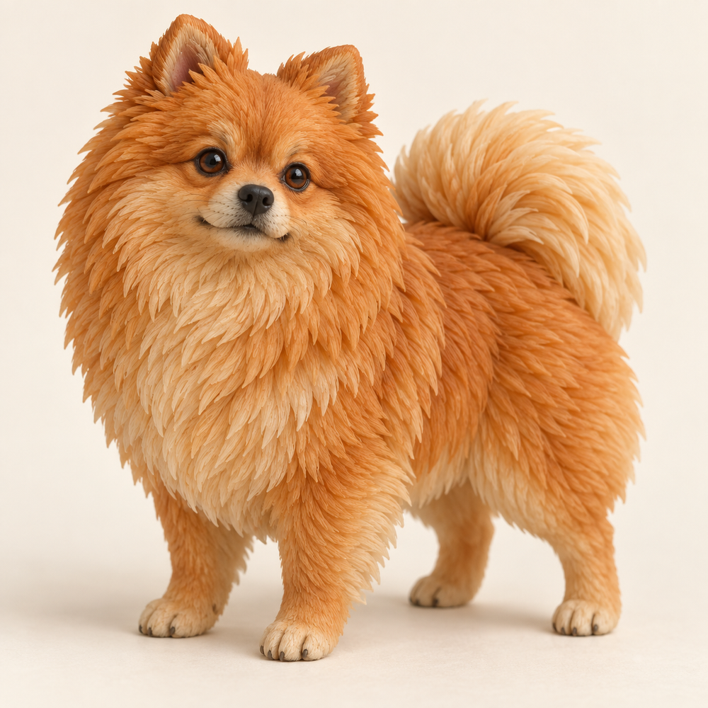 Illustrative front view of a custom Pomeranian polymer clay figurine.