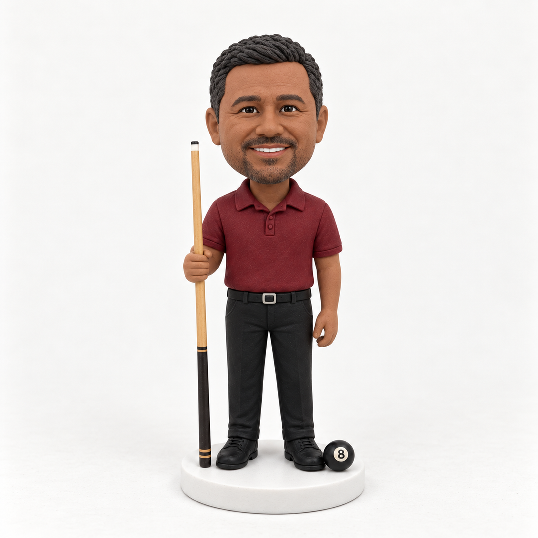 Custom pool player figurine with personalised face and red polo