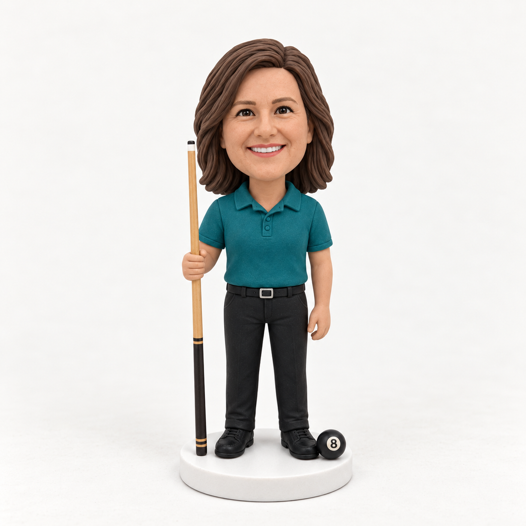 Custom female pool player figurine in a teal polo