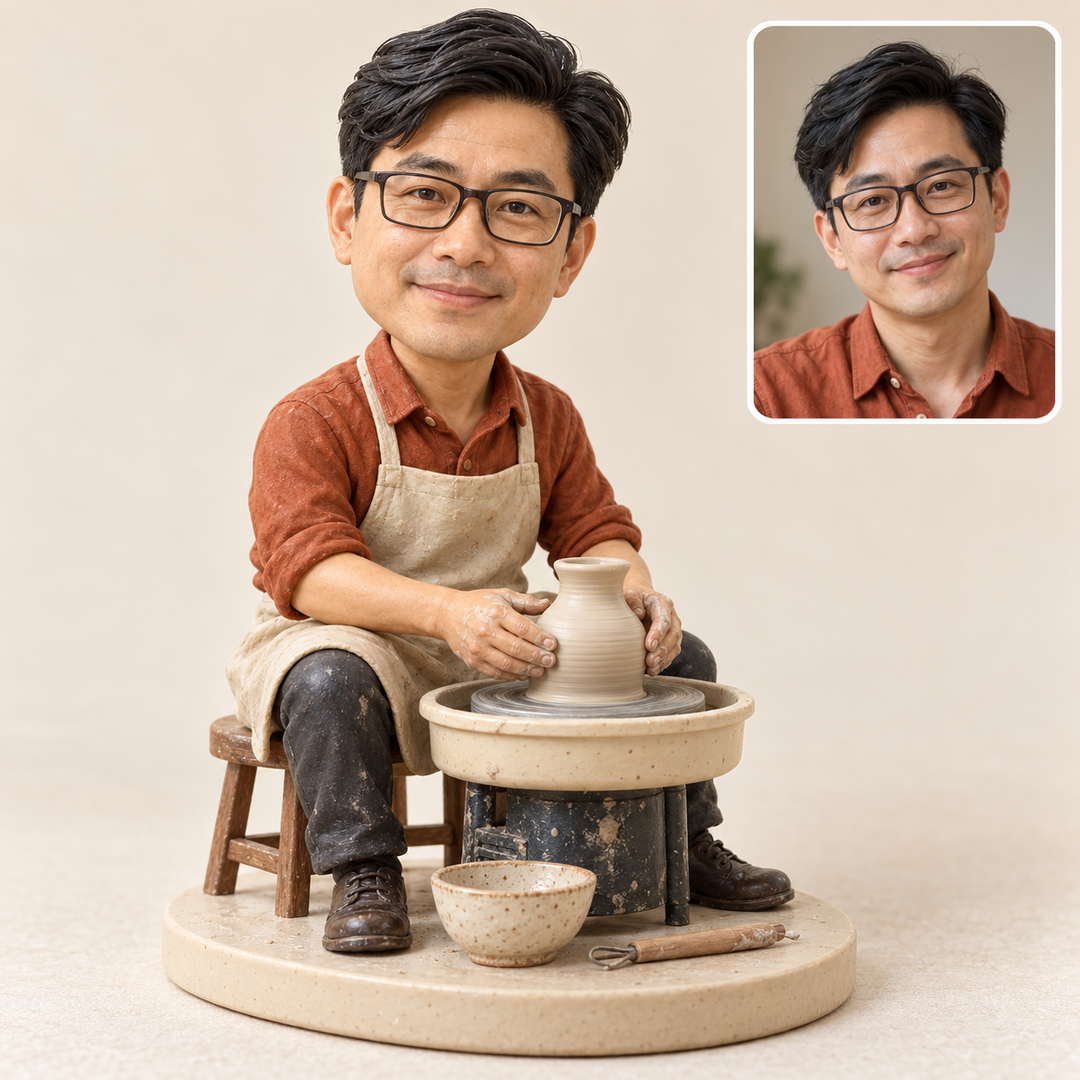 AI-generated example of custom potter bobblehead at a pottery wheel with matching fictional portrait