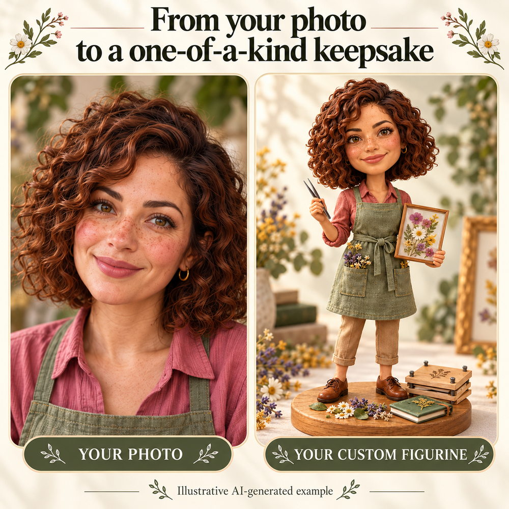 Fictional AI-generated example comparing a portrait concept with a custom pressed flower artist bobblehead