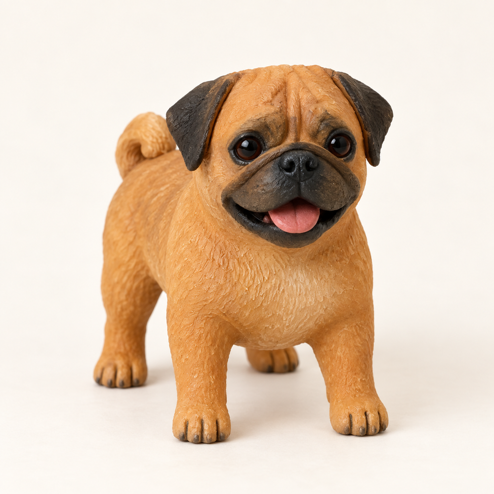 Handmade fawn Pug figurine standing with a dark facial mask, edited from our Etsy example.