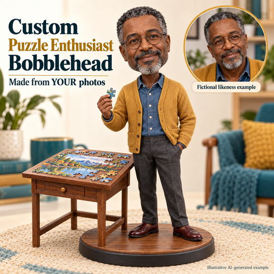 Custom puzzle enthusiast bobblehead with fictional portrait likeness example