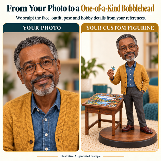 Your photo and custom puzzle enthusiast figurine comparison, illustrative AI-generated example