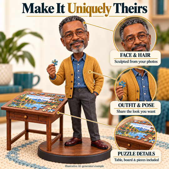Custom puzzle enthusiast bobblehead face outfit pose and puzzle detail options