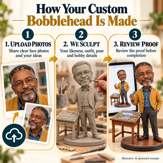Upload photos, sculpt and proof review process for a custom puzzle enthusiast bobblehead