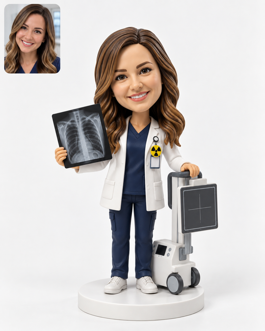 Custom radiographer bobblehead with matching portrait, X-ray image and mobile X-ray machine.