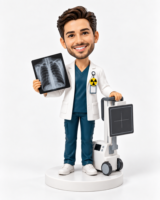 Custom male radiographer bobblehead holding a chest X-ray beside a mobile X-ray machine.