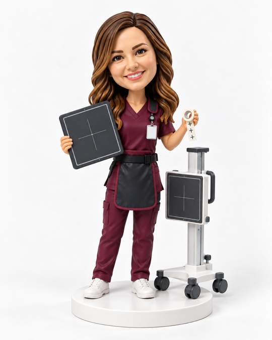Custom female radiographer bobblehead in maroon scrubs with X-ray equipment.