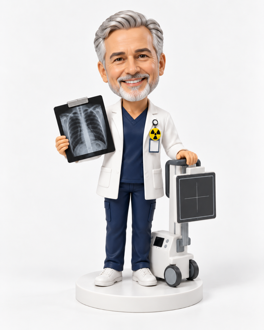 Custom senior radiographer bobblehead holding a chest X-ray beside a mobile X-ray cart.