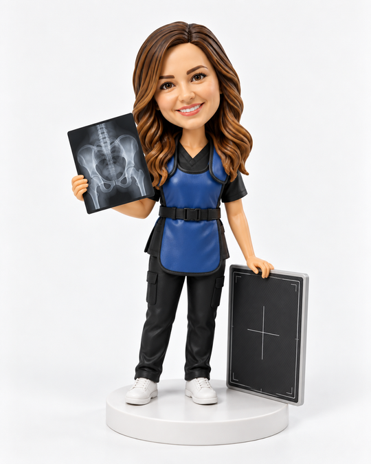Custom radiologic technologist bobblehead wearing a lead apron with X-ray plate and machine.