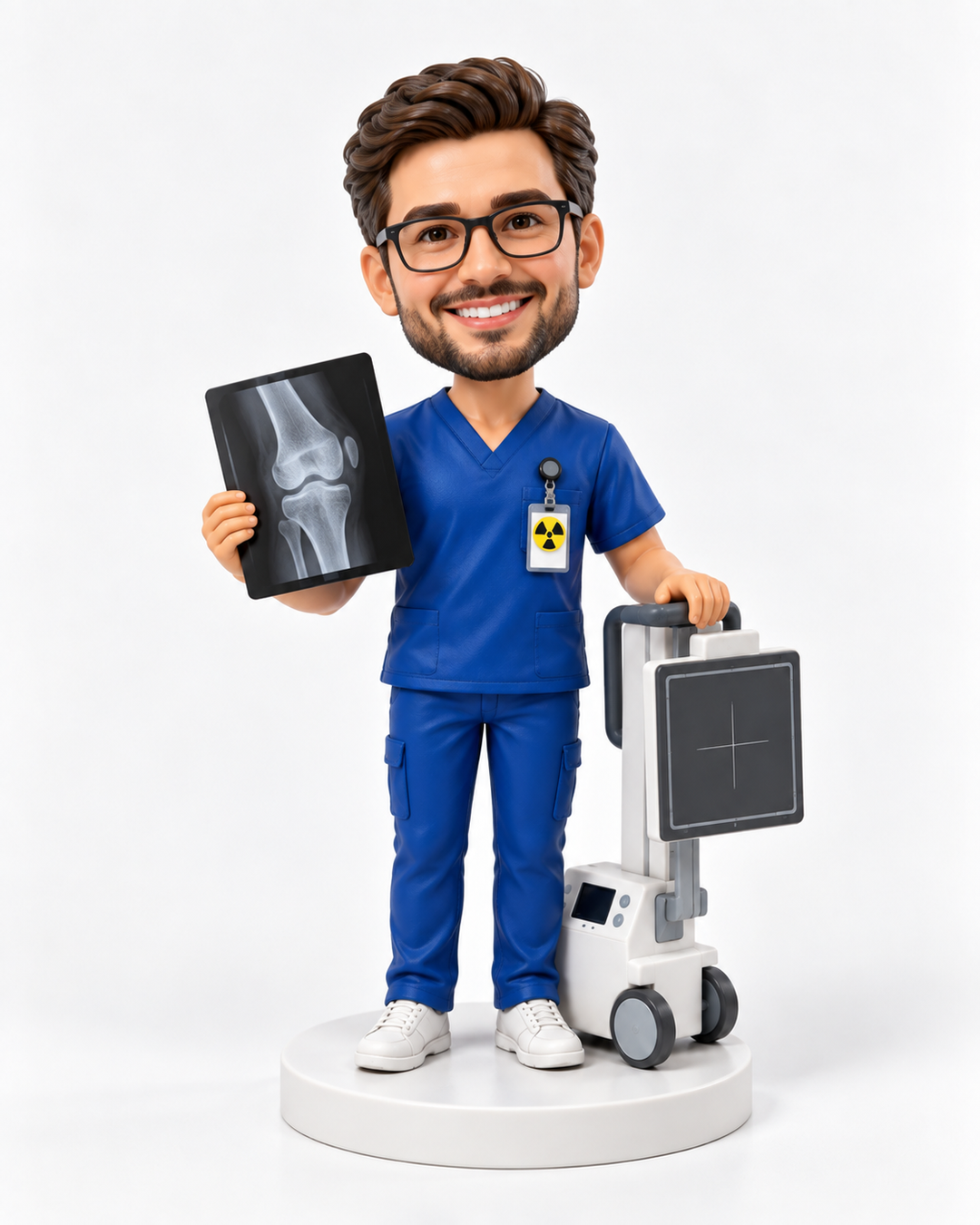 Custom male radiographer bobblehead holding a knee X-ray beside a mobile X-ray unit.