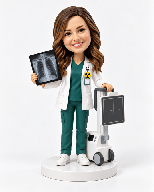 Custom female radiographer bobblehead in green scrubs with chest X-ray and mobile X-ray machine.