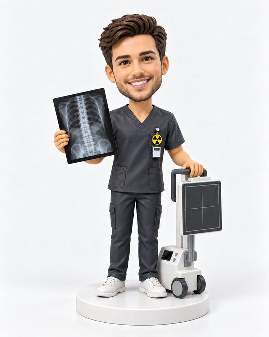 Custom male radiographer bobblehead in dark scrubs with spine X-ray and mobile X-ray cart.