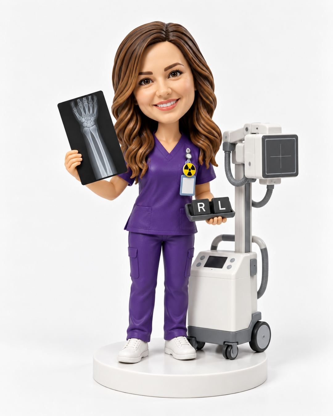 Custom female radiographer bobblehead in purple scrubs holding a wrist X-ray with radiography equipment.