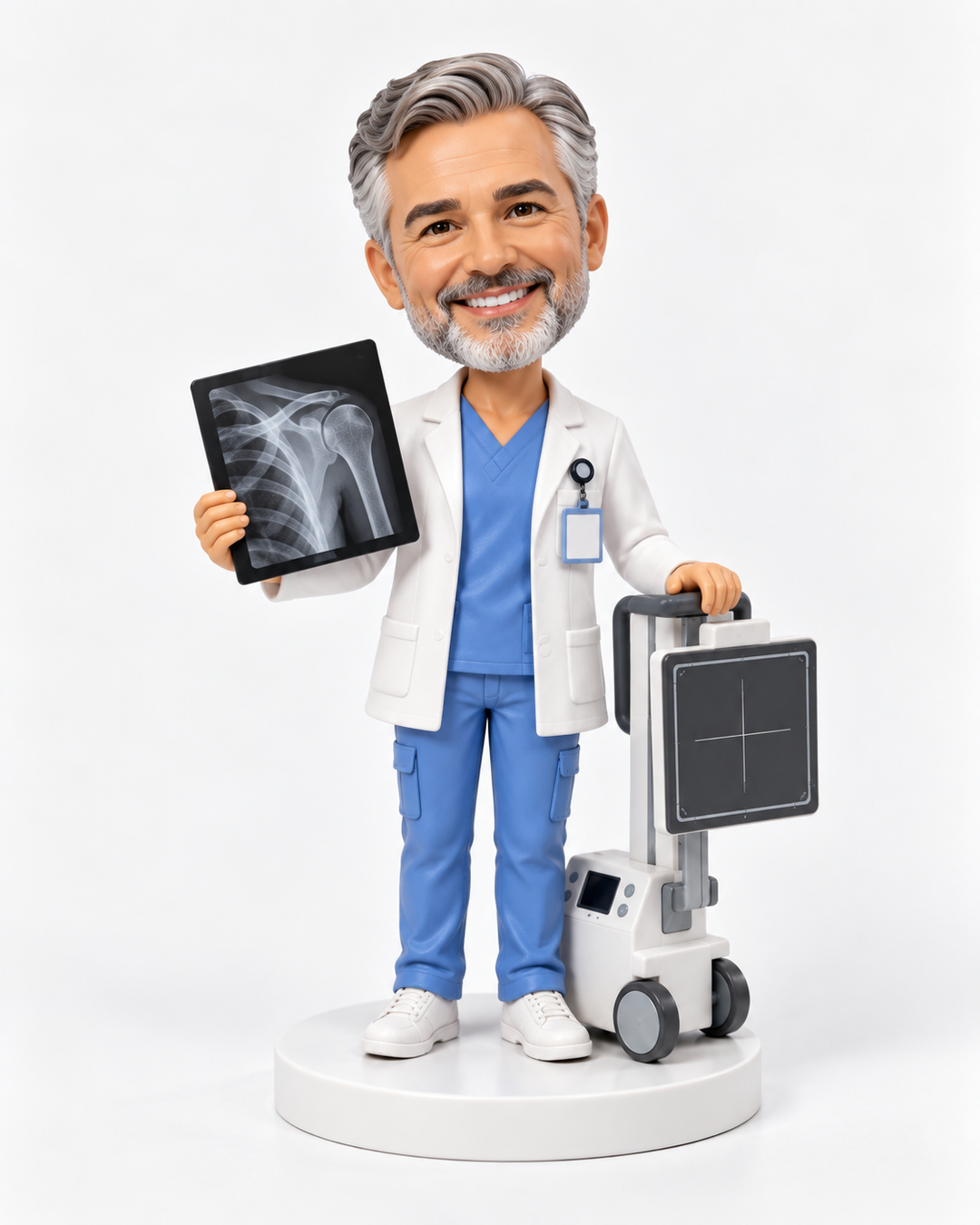Custom senior radiographer bobblehead holding a shoulder X-ray beside a mobile X-ray machine.