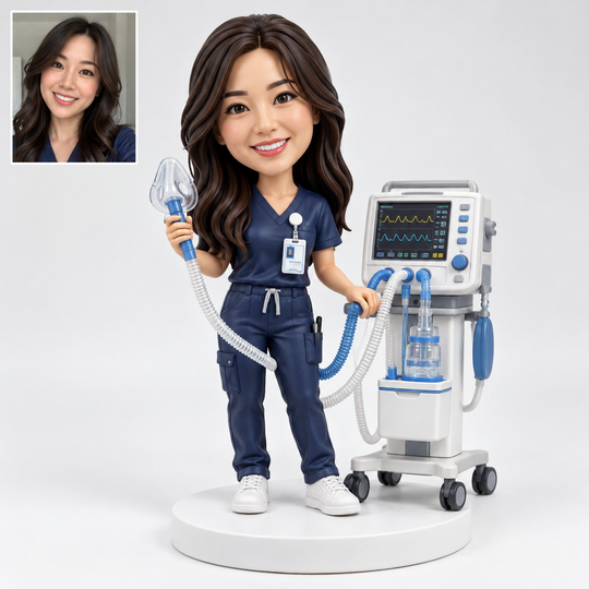Custom respiratory therapist bobblehead with matching portrait and ventilator equipment.