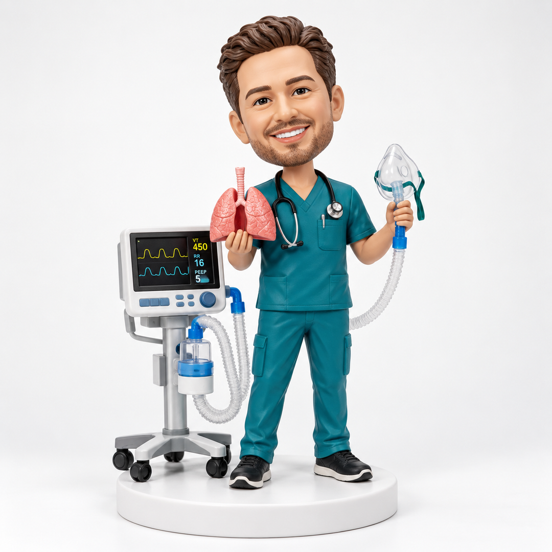 Custom respiratory therapist bobblehead in teal scrubs with lung model and breathing mask.