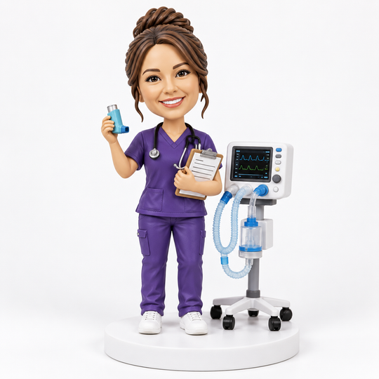 Custom respiratory therapist bobblehead in purple scrubs holding inhaler and clipboard.
