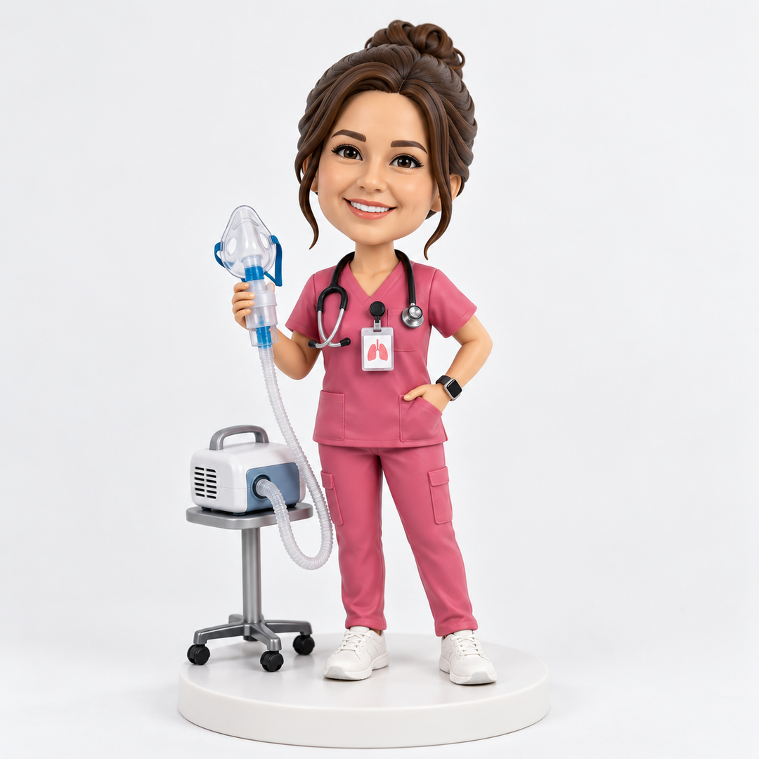 Custom respiratory therapist bobblehead in pink scrubs with nebulizer mask.