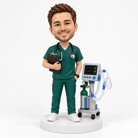 Custom respiratory therapist bobblehead in green scrubs with oxygen equipment.