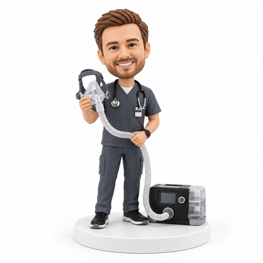 Custom respiratory therapist bobblehead in gray scrubs with CPAP mask and machine.