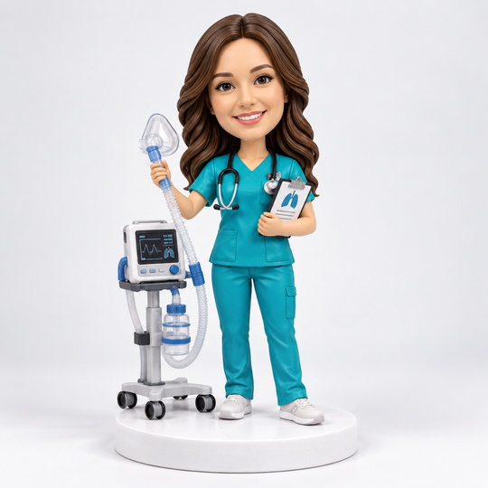 Custom respiratory therapist bobblehead in teal scrubs with respiratory equipment.