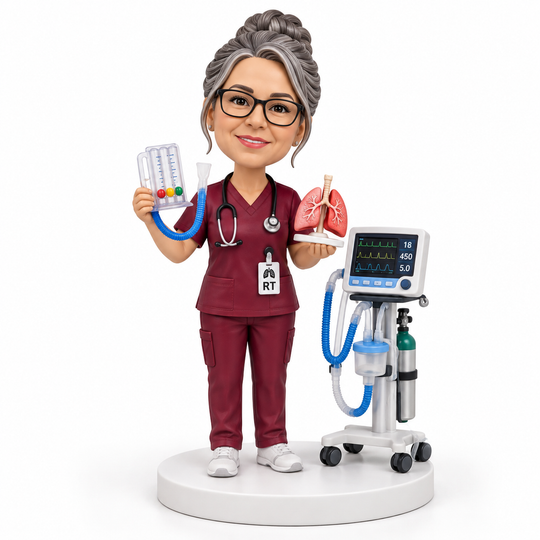 Custom senior respiratory therapist bobblehead with lung model and ventilator.