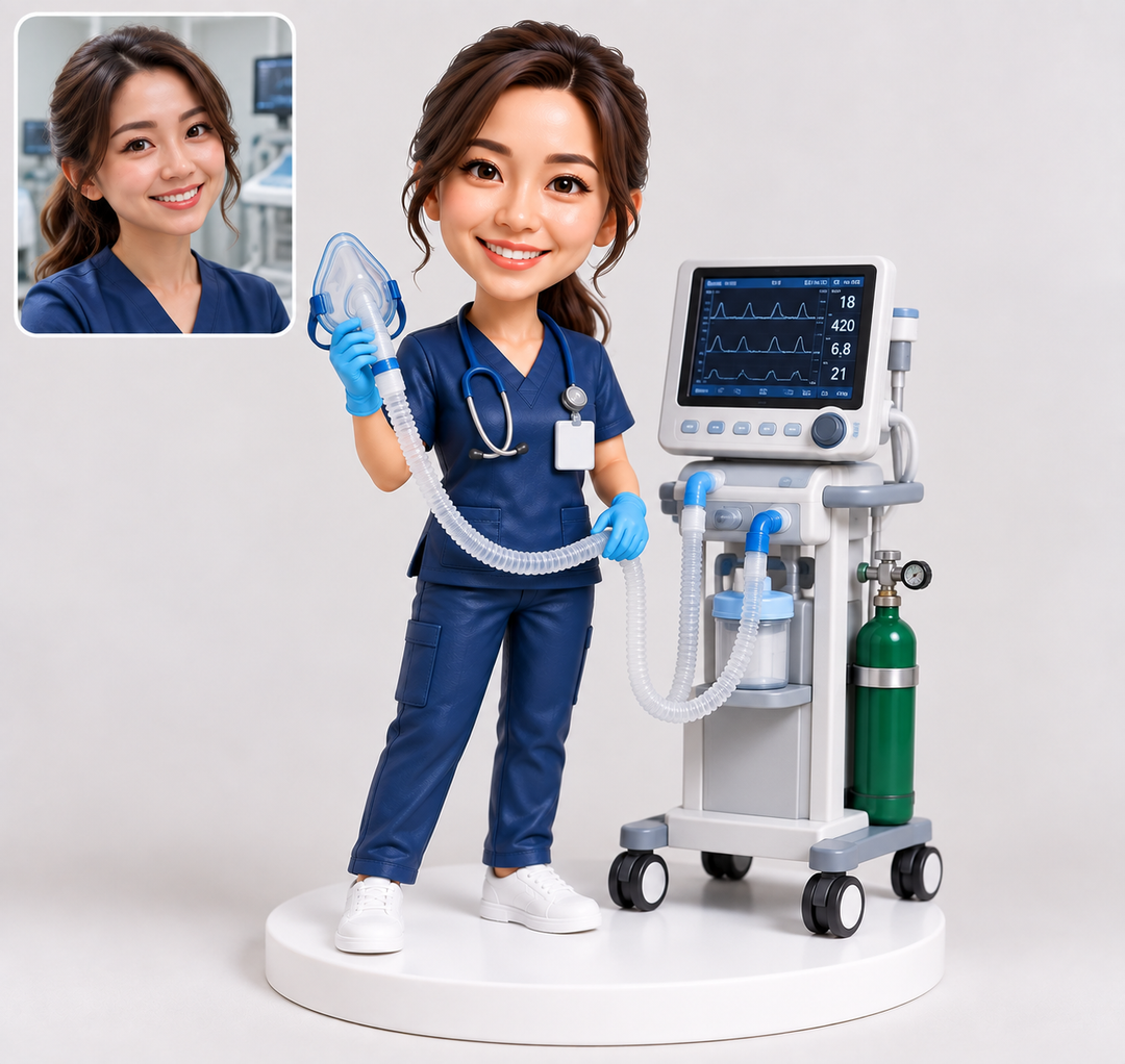 Custom respiratory therapist bobblehead with ventilator and oxygen cylinder.
