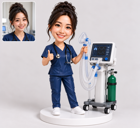 Custom respiratory therapist bobblehead with respiratory mask and ventilator.