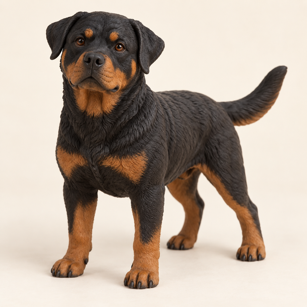 Illustrative front view of a custom Rottweiler polymer clay figurine.