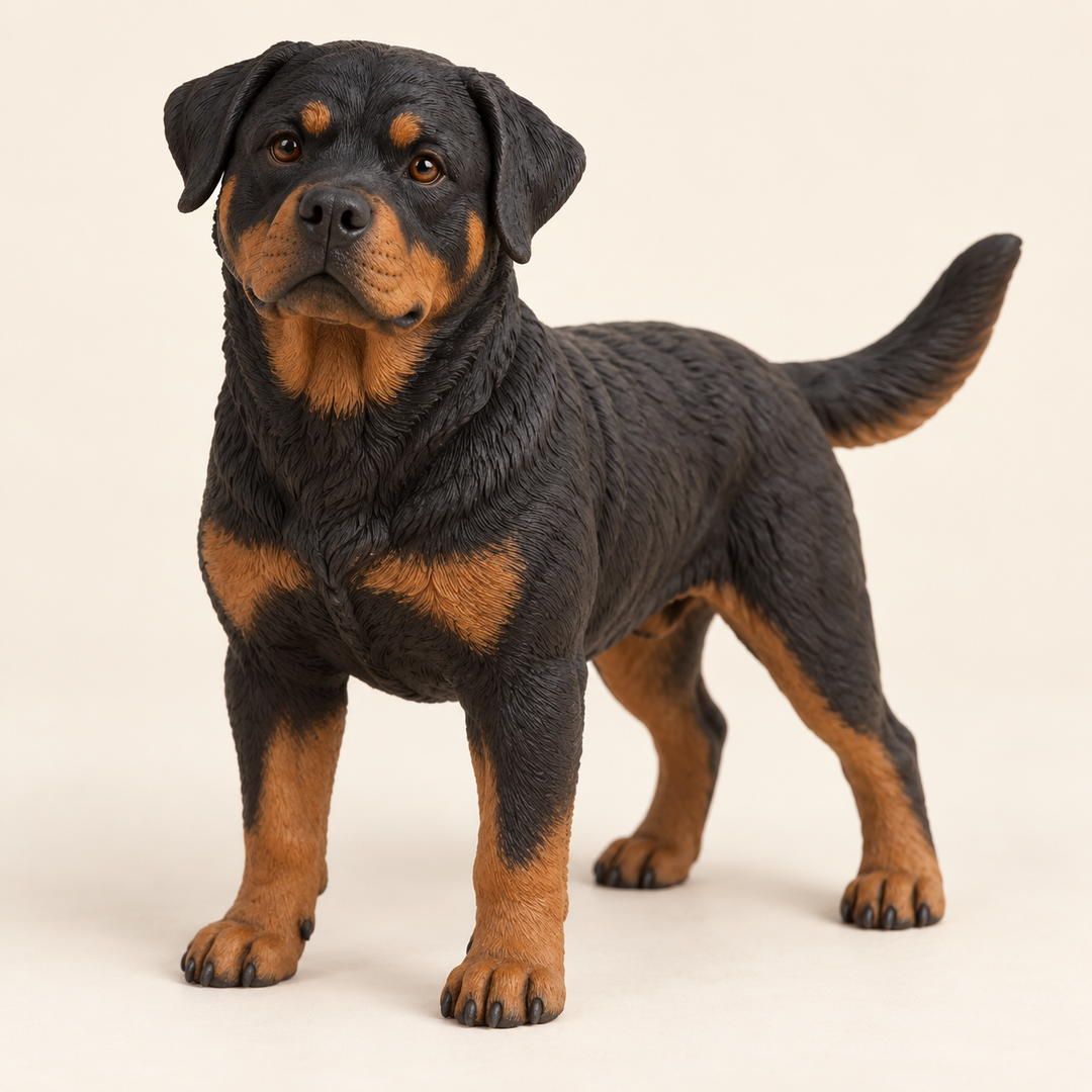 Illustrative front view of a custom Rottweiler polymer clay figurine.