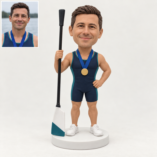 Custom rower bobblehead with matching portrait comparison