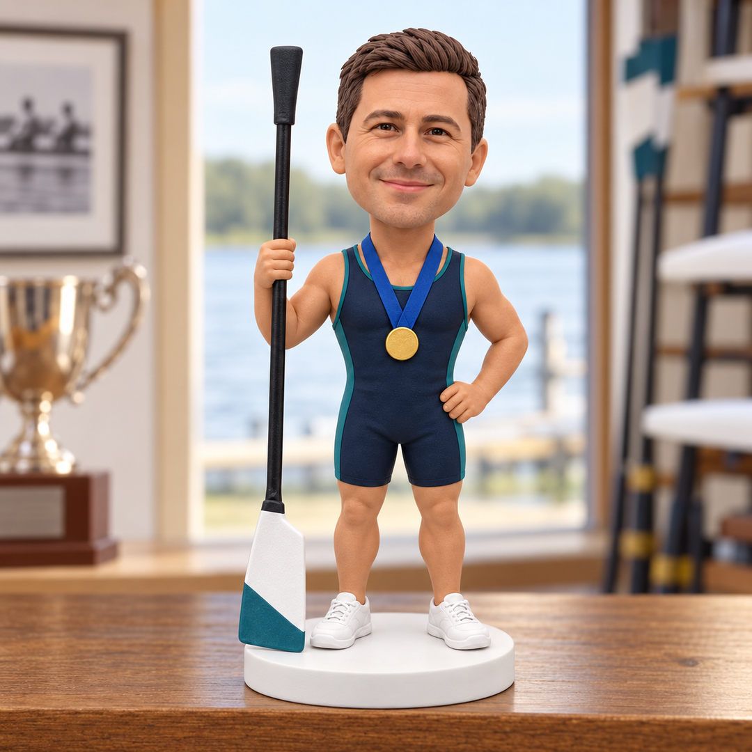 Custom rower bobblehead displayed in a rowing club setting