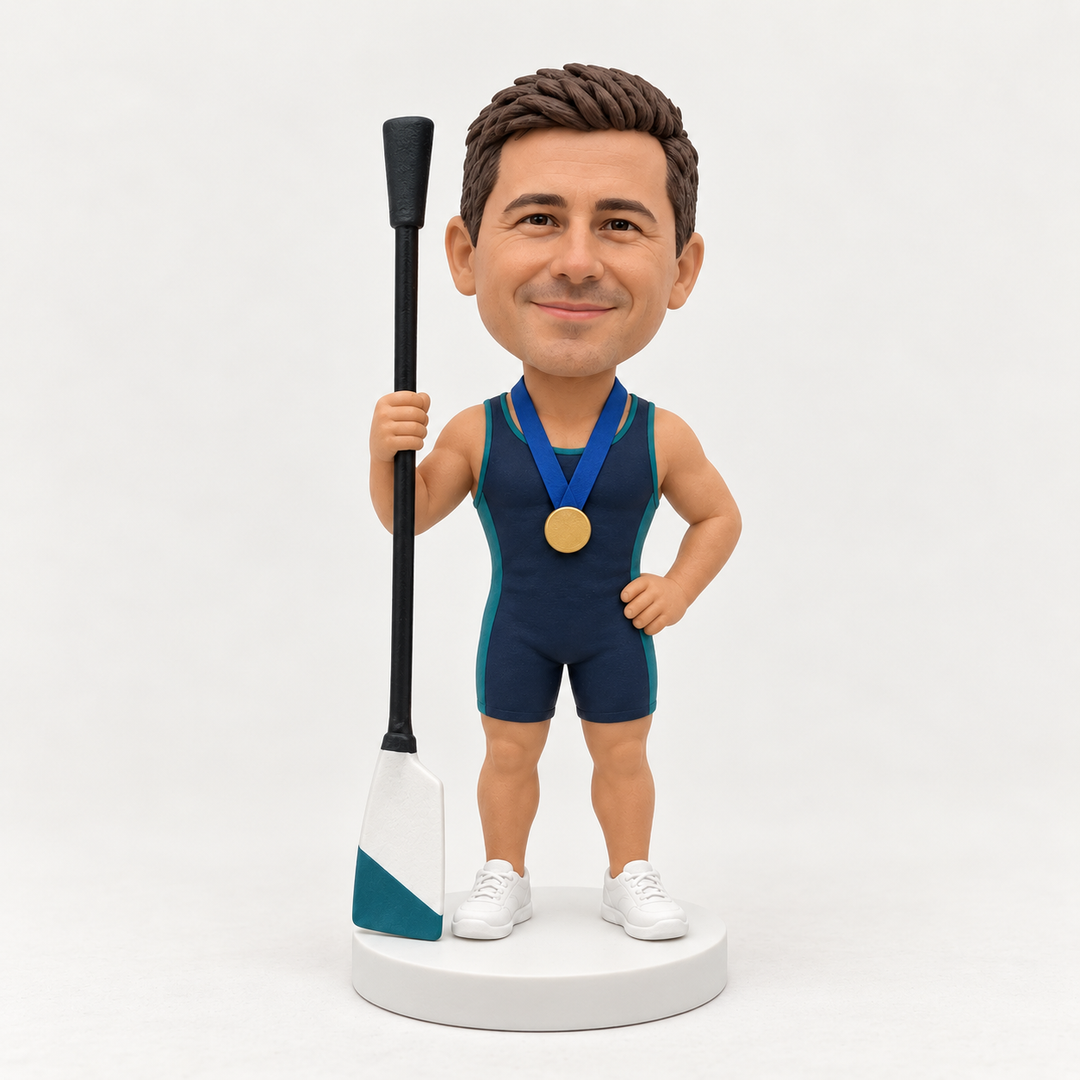 Custom rower bobblehead front view with oar and medal