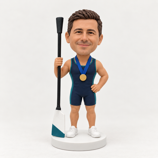 Custom rower bobblehead front view with oar and medal