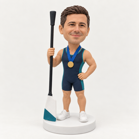 Custom rower bobblehead three-quarter view