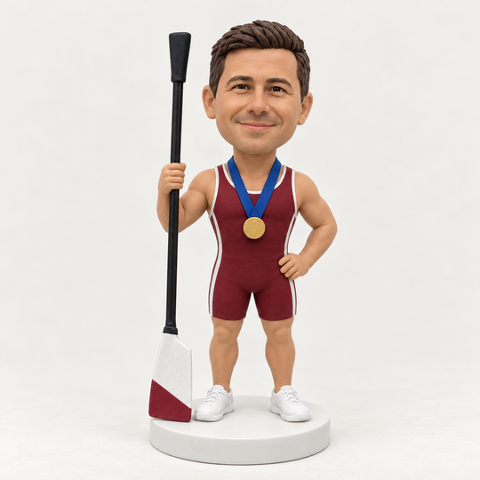 Custom rower bobblehead in burgundy rowing kit
