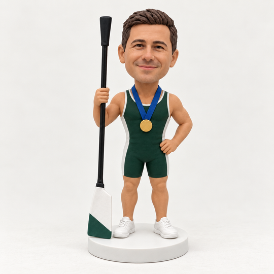 Custom rower bobblehead in green rowing kit