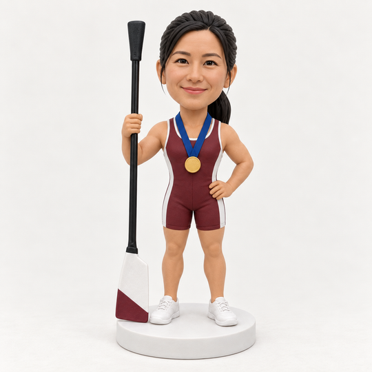 Personalised female rower bobblehead in burgundy kit