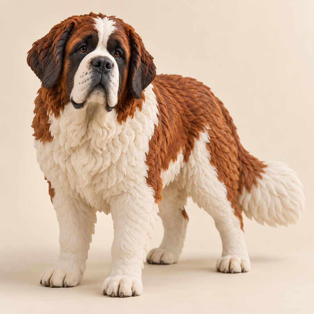 Illustrative front view of a custom Saint Bernard polymer clay figurine.