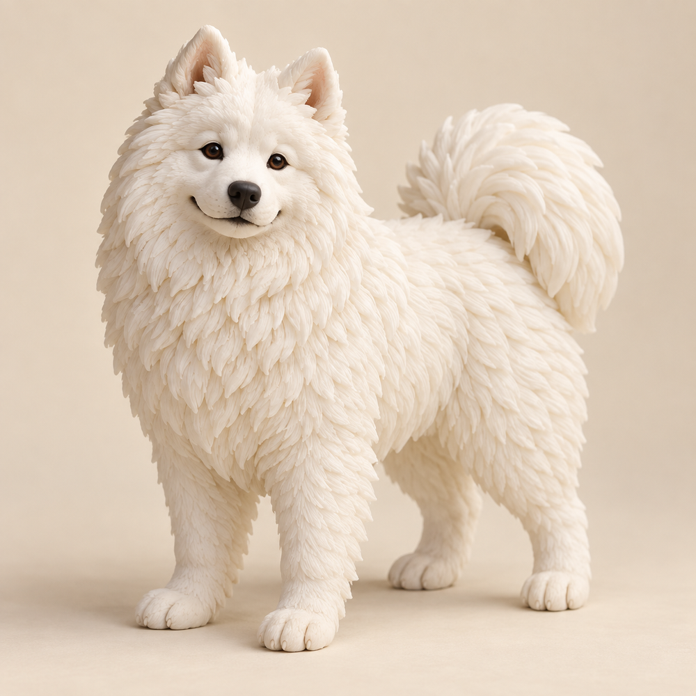 Illustrative front view of a custom Samoyed polymer clay figurine.